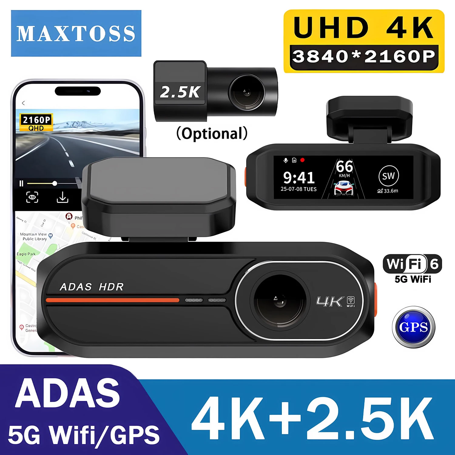 

Видеорегистратор 4K+2.5K с двумя камерами, ADAS, записью 3840P, встроенным Wi-Fi, GPS, ночным видением и круглосуточной записью при парковке