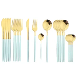 24Pcs Stainless Steel Cutlery Set Western Knife Fork Spoon Dinner Dinnerware Set Kitchen Mint Green Gold Flatware Tableware Set