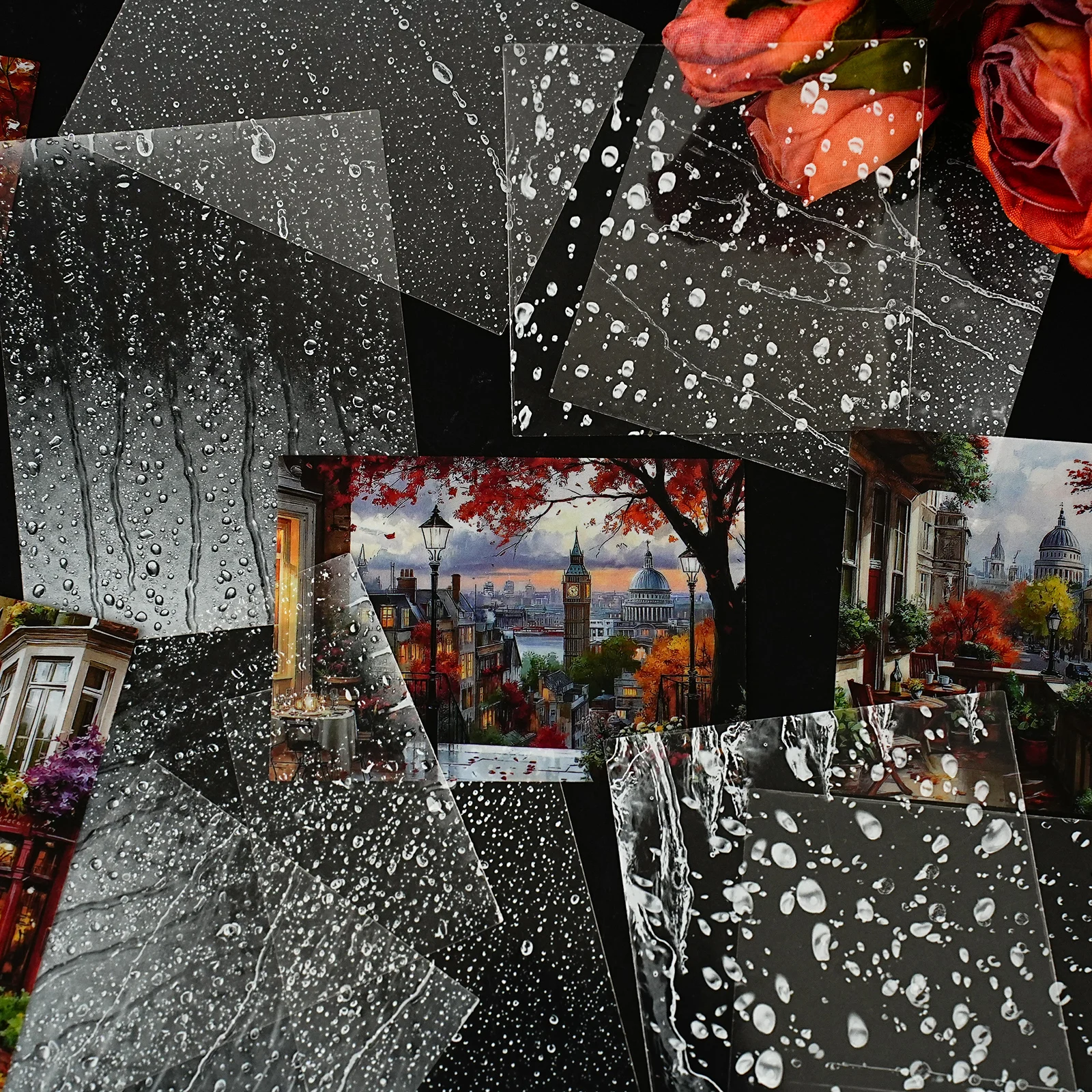 15Pcs Momentary Glitter Series Vintage Raindrop with Cityscape Pattern Sticker Pack DIY Decoration, Handmade Scrapbook, Children's Gift Paper Bag, Wall Stickers, Home Decoration, Student Stationery, Multi-Purpose Decoration