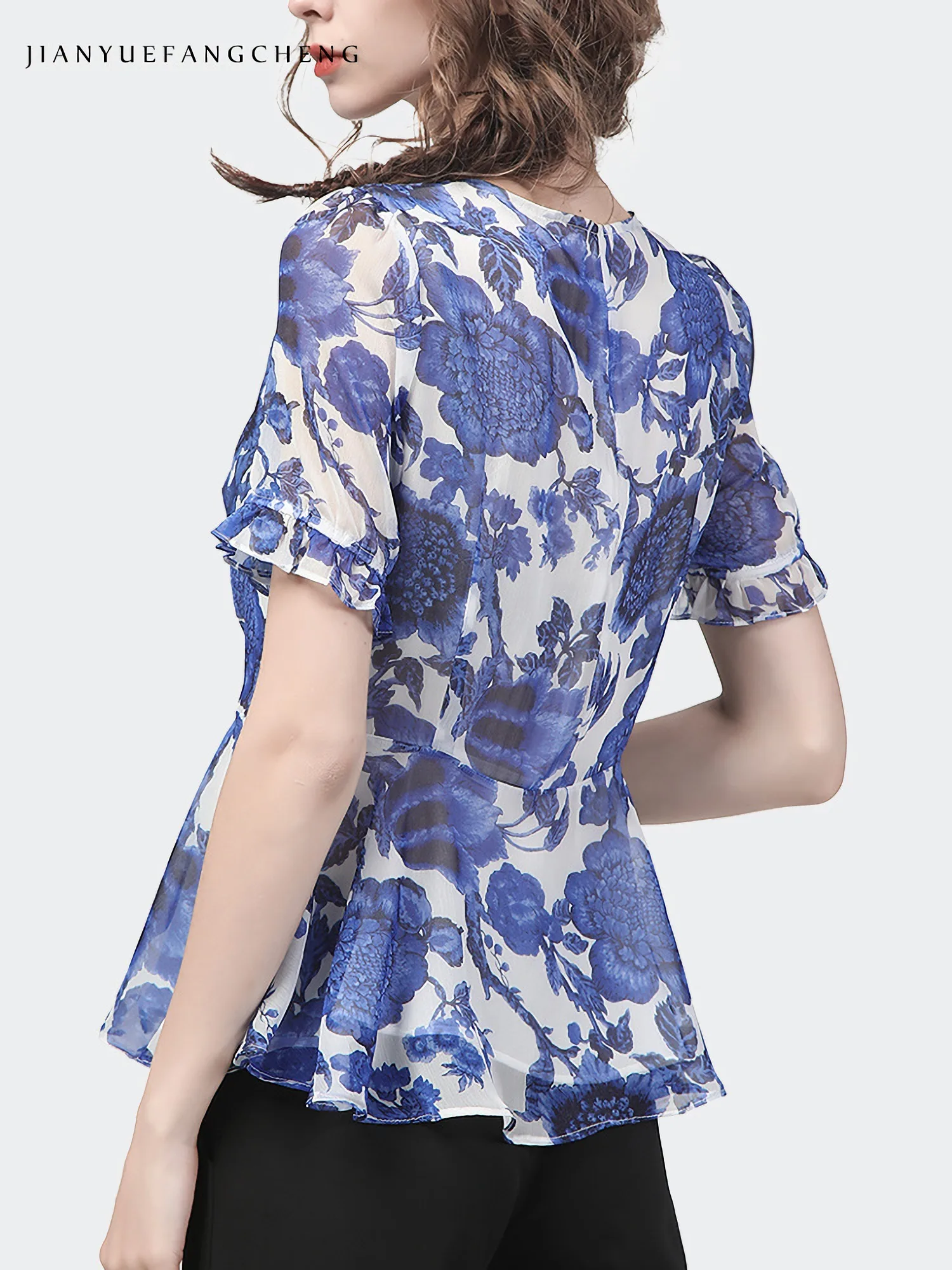 Fashion Blue Floral Printed Chiffon Blouse Women Short Sleeve V-Neck Ruffles Summer Tops Elegant Slim Fit Vintage Casual Shirts