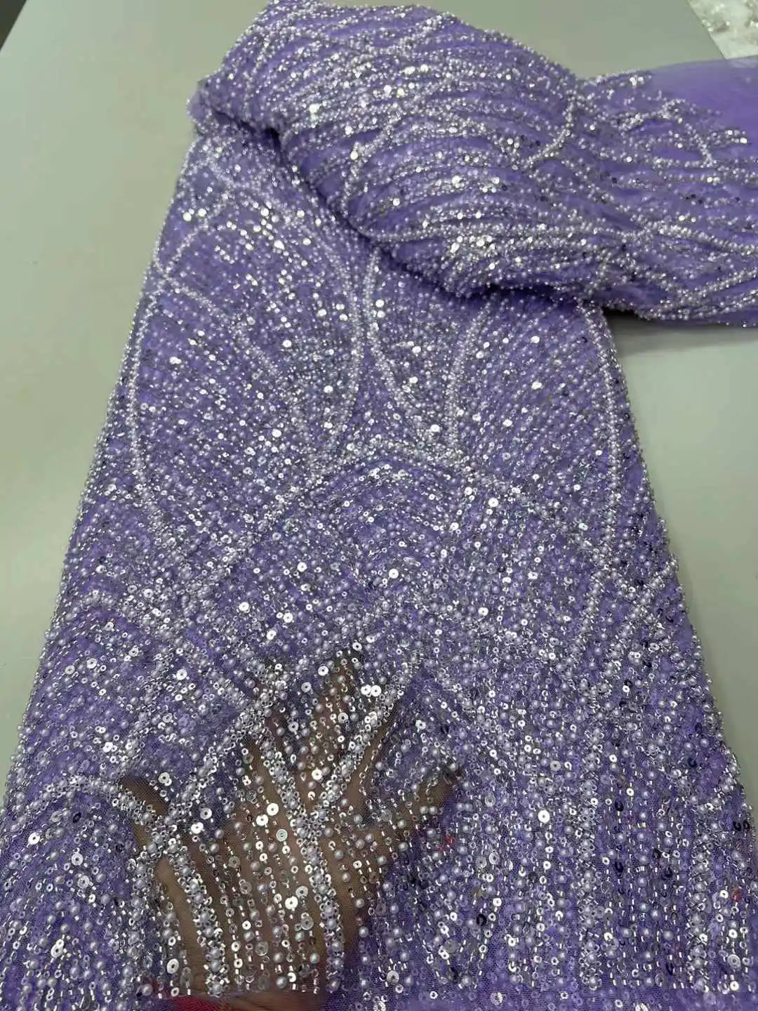 

Luxury French Tulle Beads Lace Fabric 5 Yards High Quality Nigerian Sequins Lace Fabric African Lace Fabric For Wedding Party