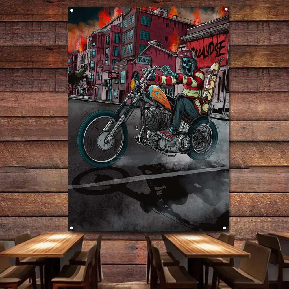 

Skeleton Motorcycle Rider Art Poster Wall Painting Garage Flag Auto Repair Shop Gas Station Wall Decor Banners Home Tapestry