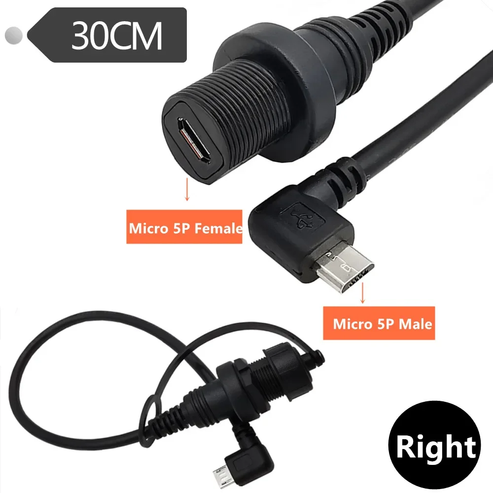 Waterproof USB 2.0 Micro 5Pin Male To Female AUX Cable Left/Right Angle Flush Panel Mount Data Sync Charging Extension 0.3m/1m