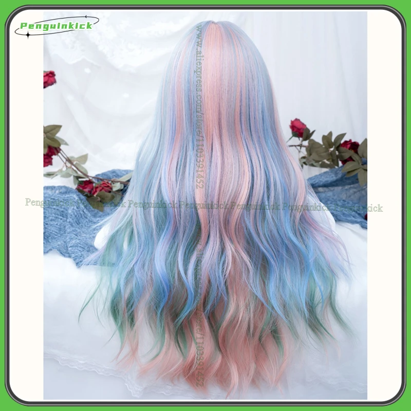 Rainbow Highlights Synthetic Wig Women Girls Lolita Hair Long Curly Body Wave Scalp Hair Cute Pink Bangs Blue Chic Party