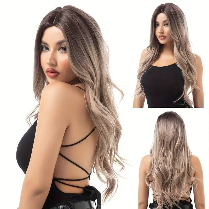

Synthetic gradual change grey blonde brown wig natural wavy long hair women's wig