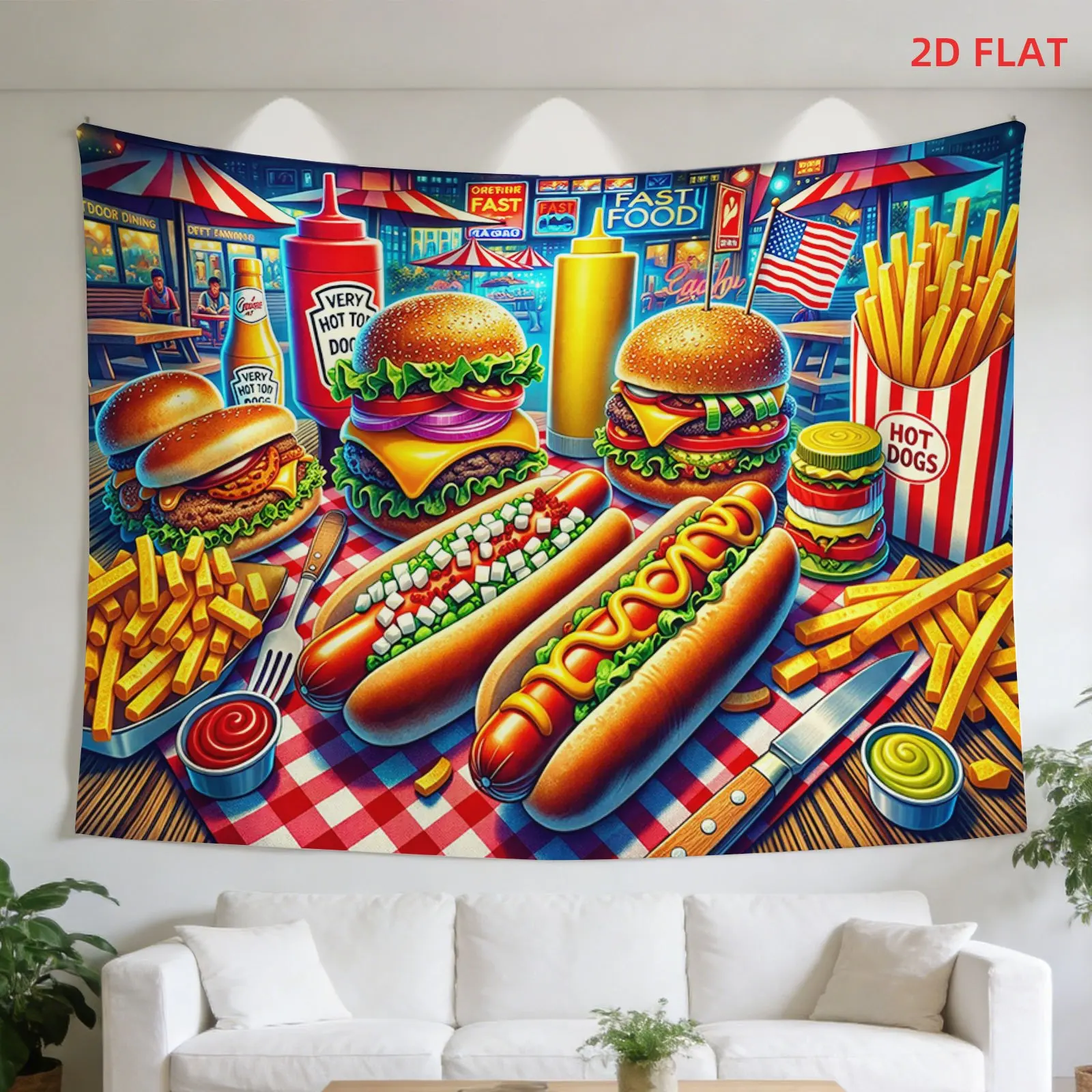 Vintage Diner Fast Food Tapestry Wall Hanging Retro Restaurant Art Poster Kitchen Decor Pop Culture Kitchen Picnic Party Room
