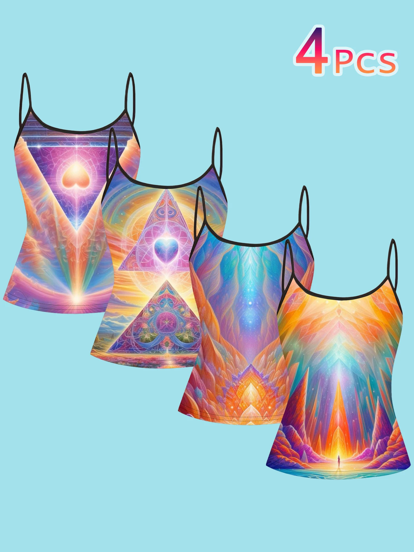4-Piece Set of Women's Spiritual Sacred Geometry Printed Camisoles with Triangular Light, Heart, and Symmetrical Totem Designs, Slim-Fit Spaghetti Strap Inner Tops