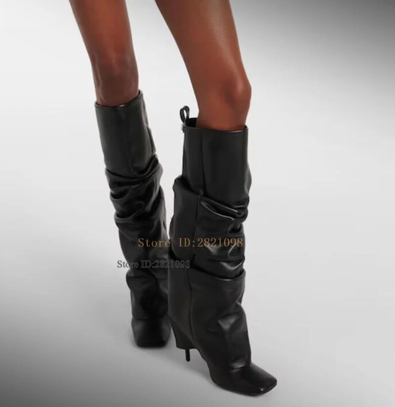 Stivali tubolari con tacco in pelle scamosciata Scarpe da donna Tacco alto sottile Punta quadrata Slip On Stivali lunghi slouchy da cavaliere al ginocchio