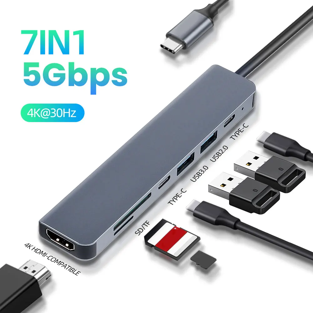 7-in-1 USB C 허브 4K 30Hz USB 허브 PD 100W 멀티 포트 어댑터 SD TF USB 3.0 2.0 전화 컴퓨터용 분배기 도킹 스테이션