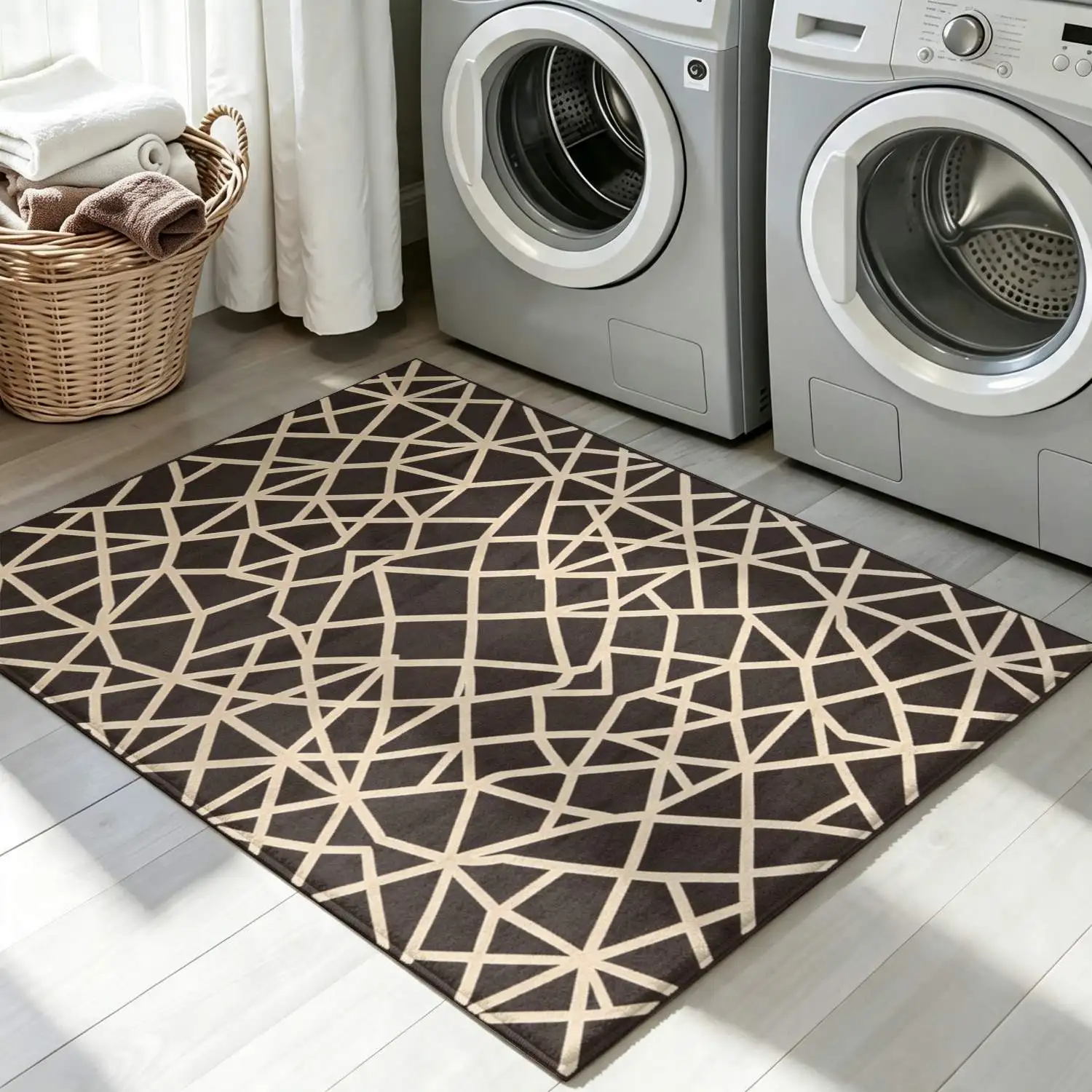 1Pc 2D Printed Carpet: Black Base, Beige Geometric Line Pattern Nordic-Style, Instagram-Inspired Modern Minimalist Floor Mat for Home Decor, Available in Multiple Sizes, Machine Washable, Ideal for Entryway, Dining Room, Foyer, Bedroom, Living Room.