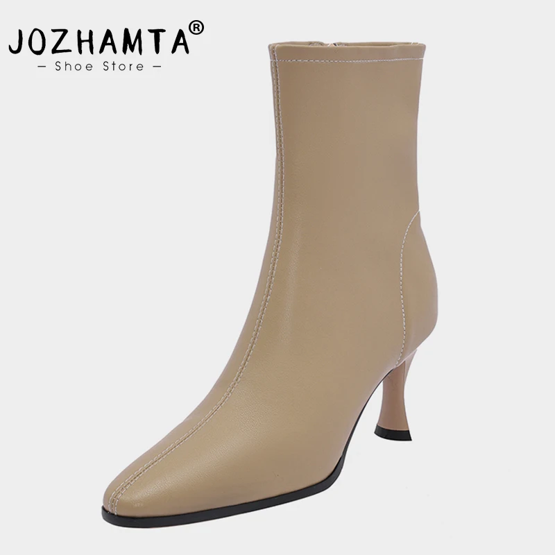 JOZHAMTA Size 32-44 Women Stretch Boots Genuine Leather Fashion Zipper High Heels Winter Shoes Woman 2023 Dressy Ankle Boots