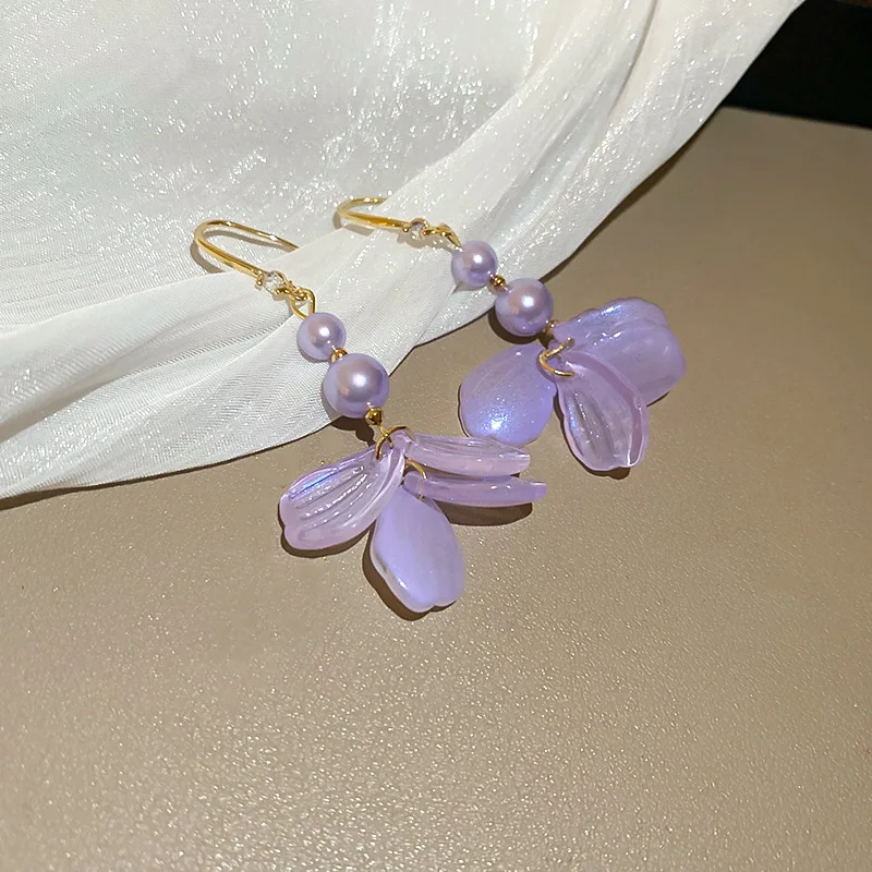 Purple Flower Drop Earrings for Women Imitation Pearl Tassel Ear Hook Sweet Petals Acrylic Ear Hangging Style Jewelry B image 2