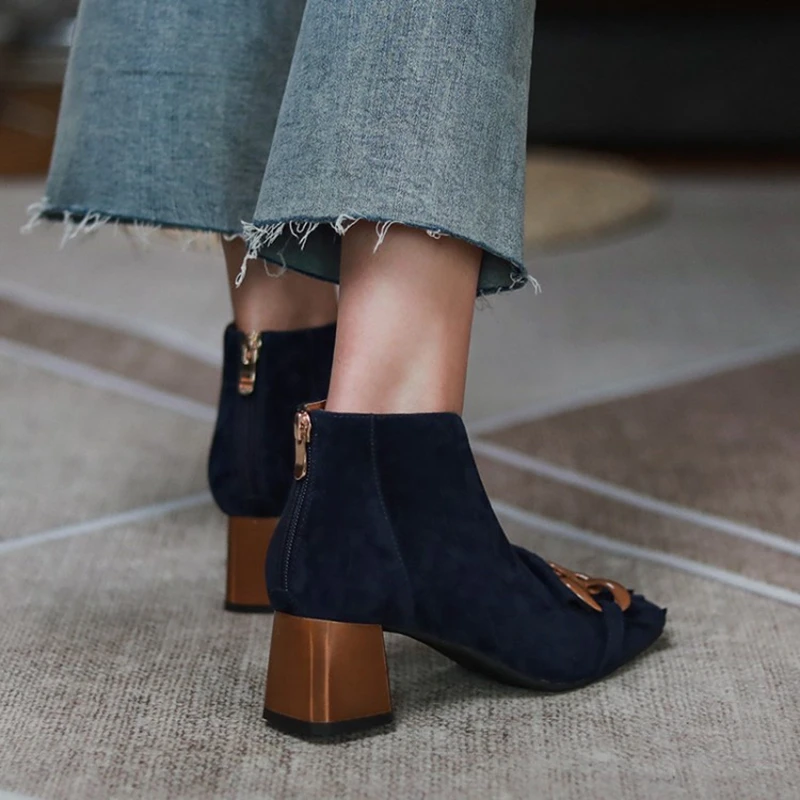 NEW Women Boots Sheep Suade Round Toe Square Heel Mid-Heel Ankle Boots Fringed Zipper Fashion Solid Office Lady Shoes Plus Size