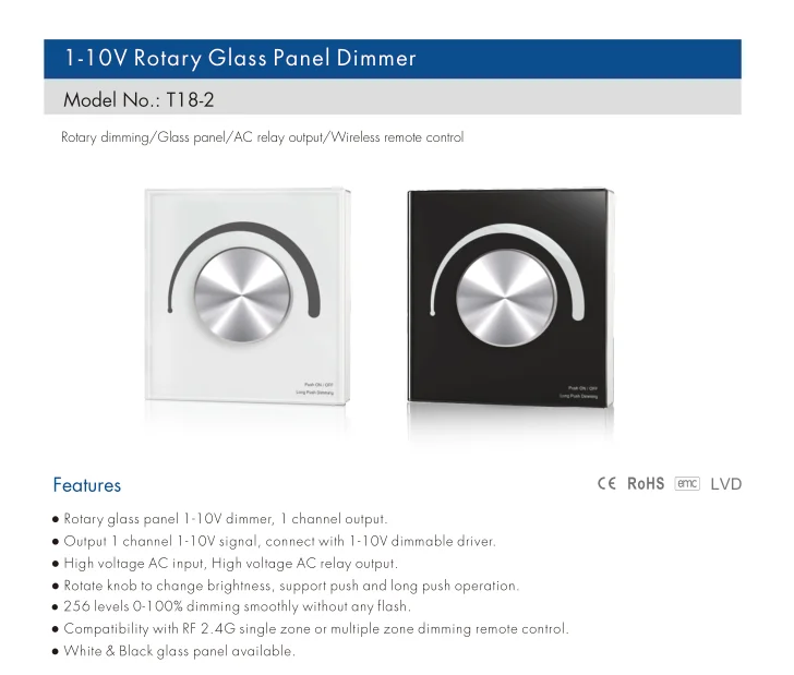 1-10V Rotary Glass Panel Dimmer T18-2 AC110V-220V 1CH Rotate Knob To Change Brightness For Single Color LED Strip Tape Lighting