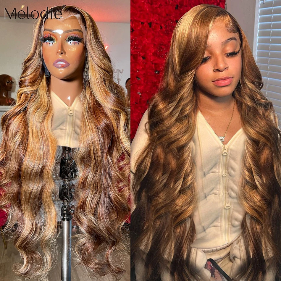 250% 30 32 Inch Highlight Ombre Honey Blonde Lace Front Wig Brazilian Human Hair Colored Body Wave 13x4 HD Lace Frontal Wigs