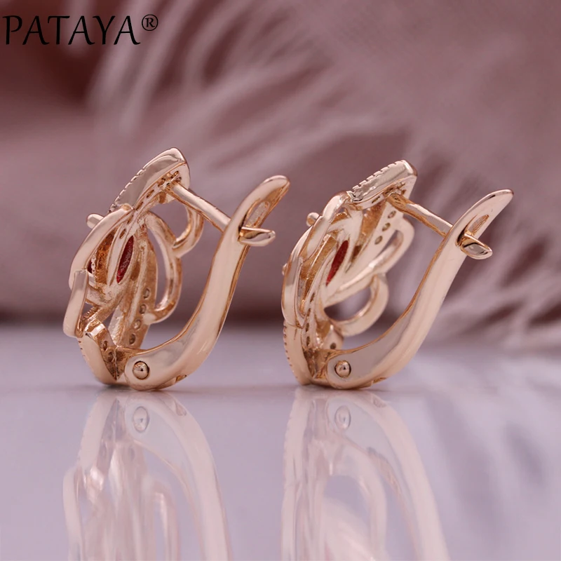 PATAYA Luxury 585 Rose Gold Color Drop Earrings for Women Unique Crystal Flower Natural Zircon Accessories Bridal Jewelry