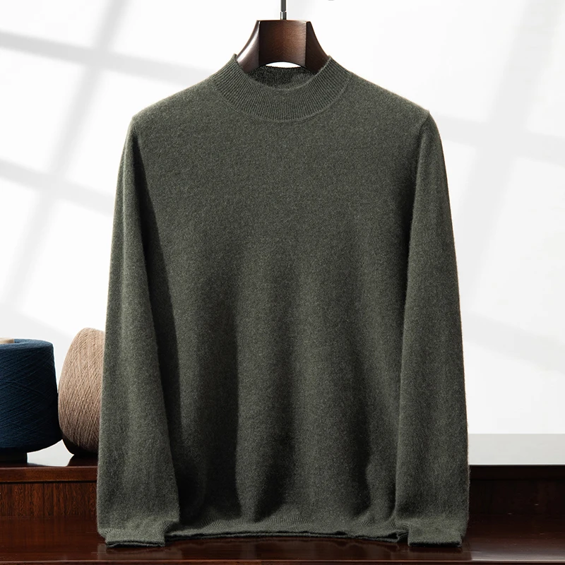 

100% cashmere men's pullover business casual solid color knitted sweater loose Pull Mock Neck collar Tops basic versatile Jumper