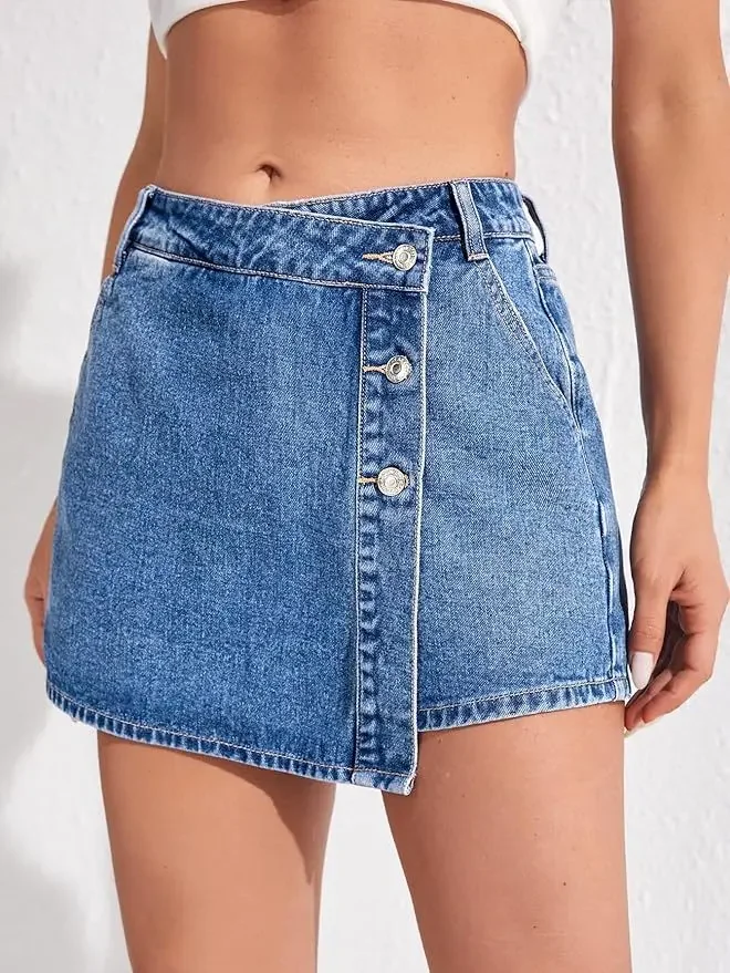 Chic Asymmetrical Hem Denim Skort for Women High Waist Button Fly Jean Skorts with Split Side & Pockets Shorts Skirts Harajuku