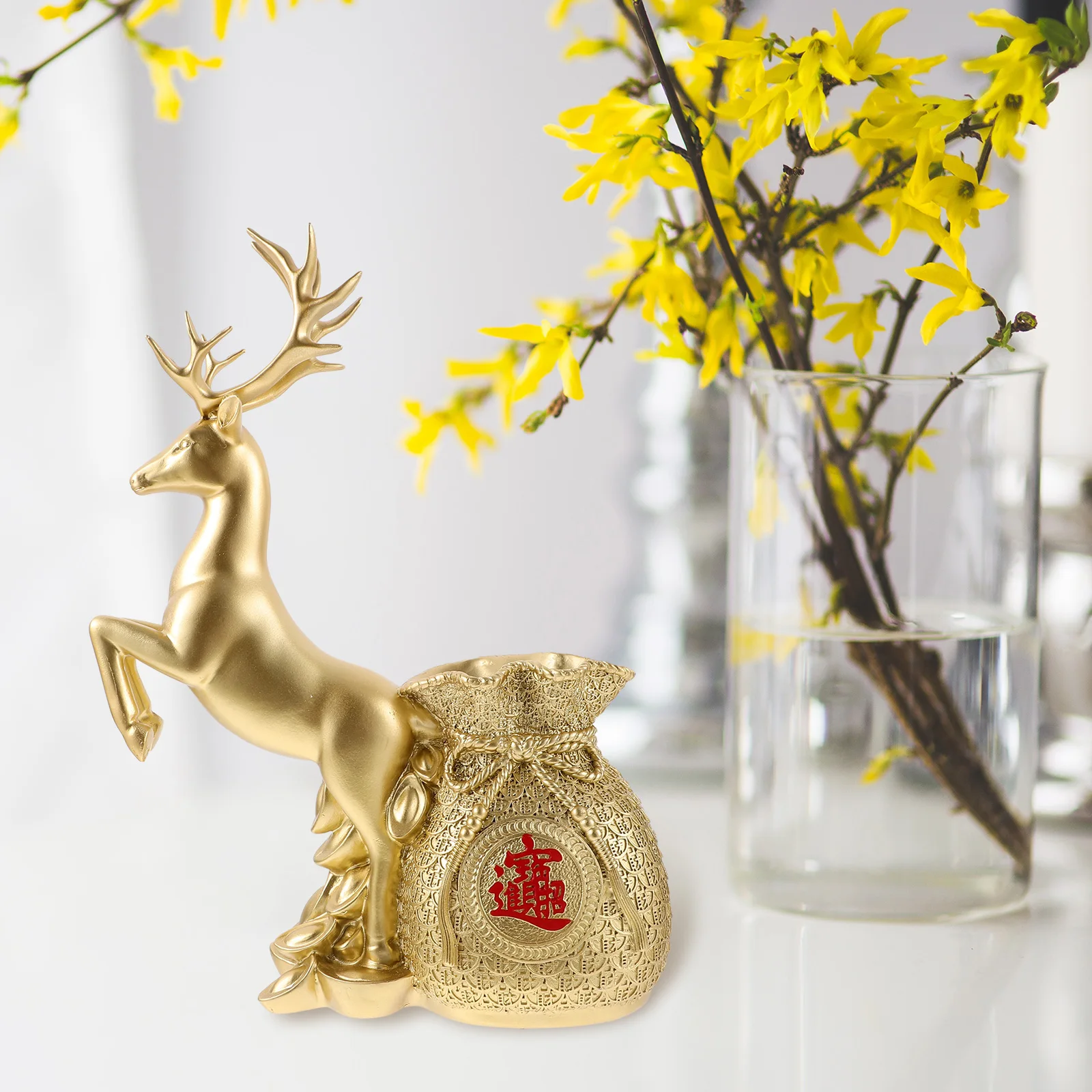 

Golden Deer Statue Resin Blessing Pouch Figurine Home Decor Living Room nament Chinese Style New Year