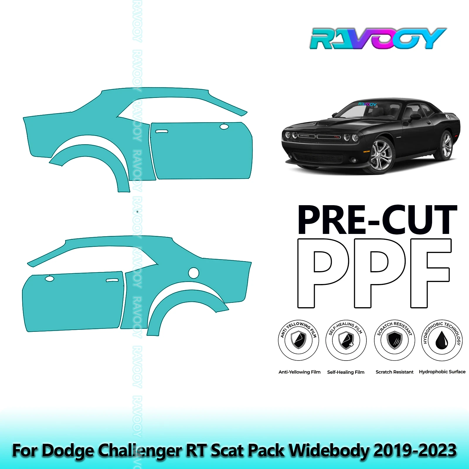 

For Dodge Challenger RT Scat Pack Widebody 2019-2023 8.5mil Pre-Cut PPF Door & A/B Pillar Kit TPU Paint Protection Film Set