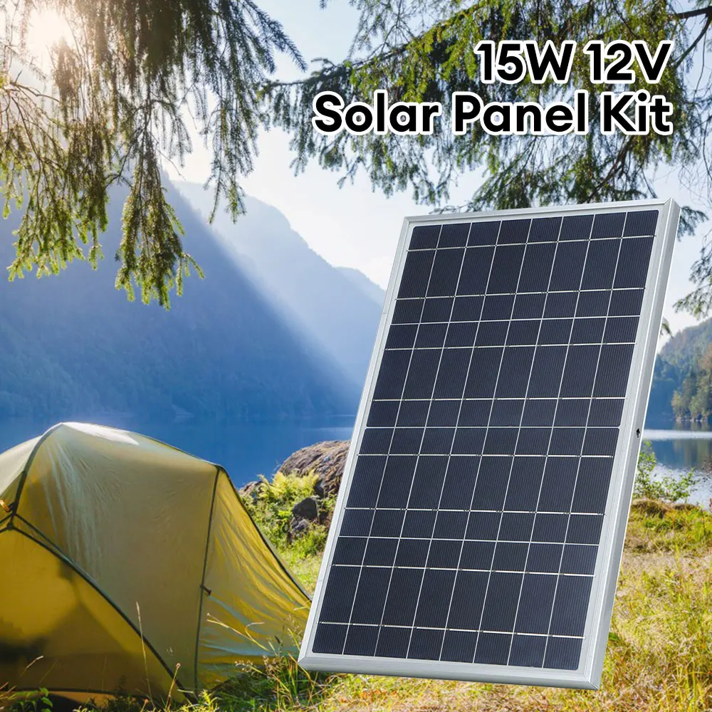 

Solar Panel 15W DC 12V Kit with Alligator Clip IP65 Waterproof for Home Indoor Outdoor Camping Hiking Portable Solar Charger