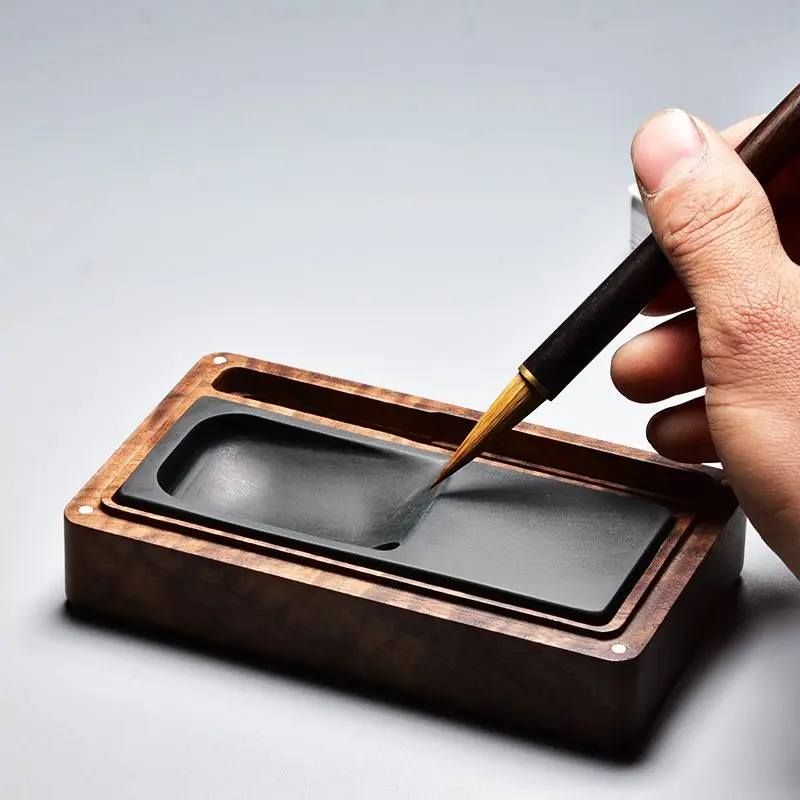 Portable Inkstone Calligraphy Set with Portable Ink Storage, Natural Raw Stone, High end Study Wolf Hair Pen