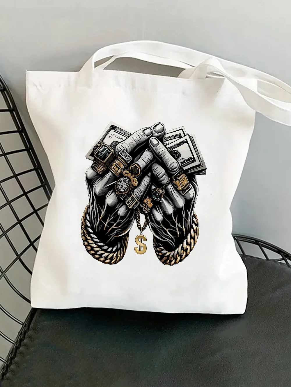 Wealth Hands Canvas Handbag Gold Jewelry Dollar Bills Graphic Pattern Reusable Grocery  Bag Urban Hip Hop Shoulder Storage Bag
