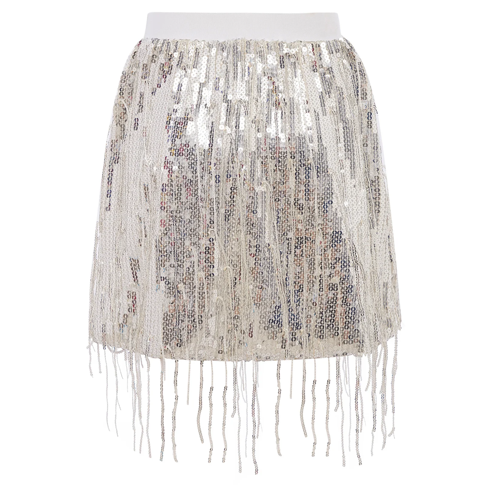 키즈 소녀 재즈 라틴 댄스 스커트 스파클링 스팽글 술 탄성 허리띠 a 라인 스커트 볼룸 무대 공연 댄스웨어