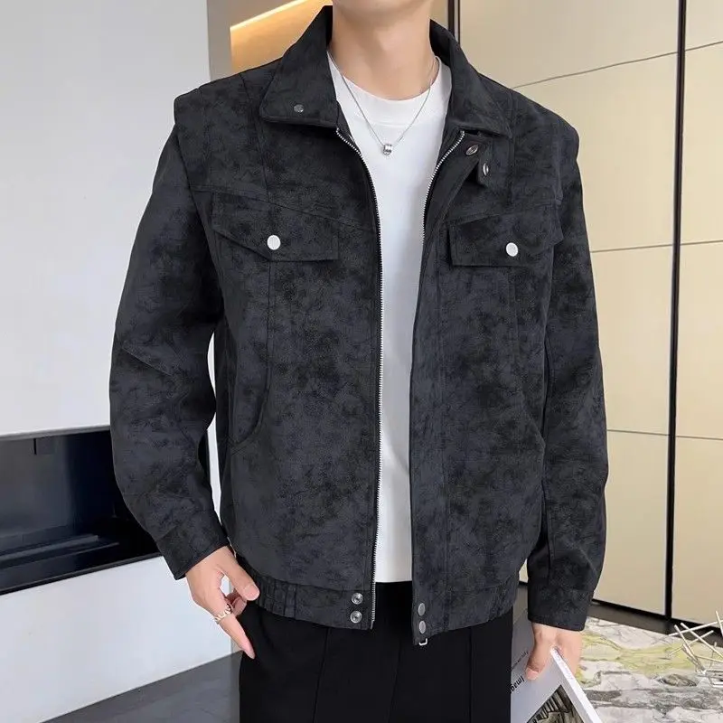 

Loose Fit Men's Jaet Autumn Winter Turn-down Collar Dyeing Workwear PU Leather Coat with kets Vintage Briti Sle