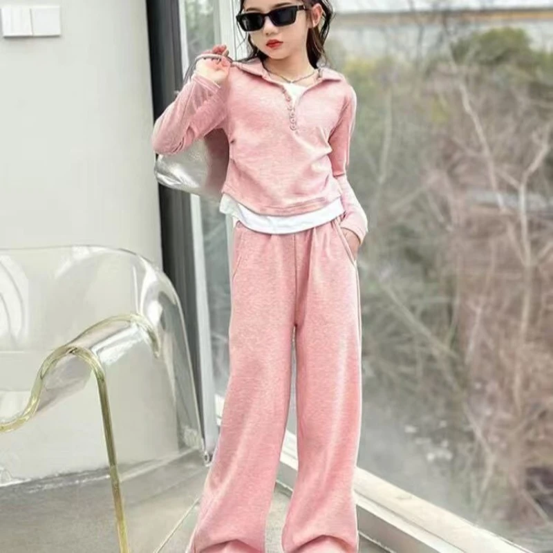 2026 Spring Girls Casual Sports Set Fake Two Piece Outfit Trendy Versatile Kids Activewear