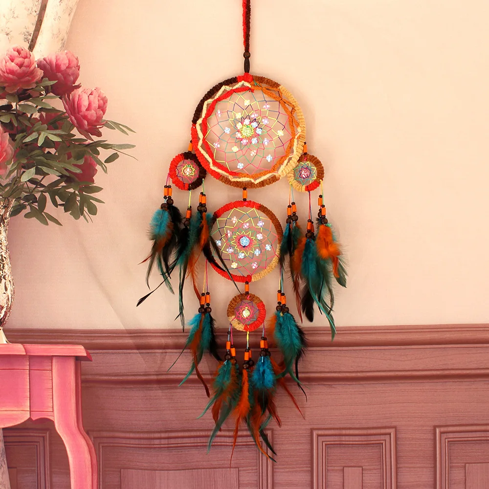 Colored Feather Five Rings Dream Catching Net Warm Indoor Home Decoration Bedhead Wind Chime Hanging Piece Creative Gift