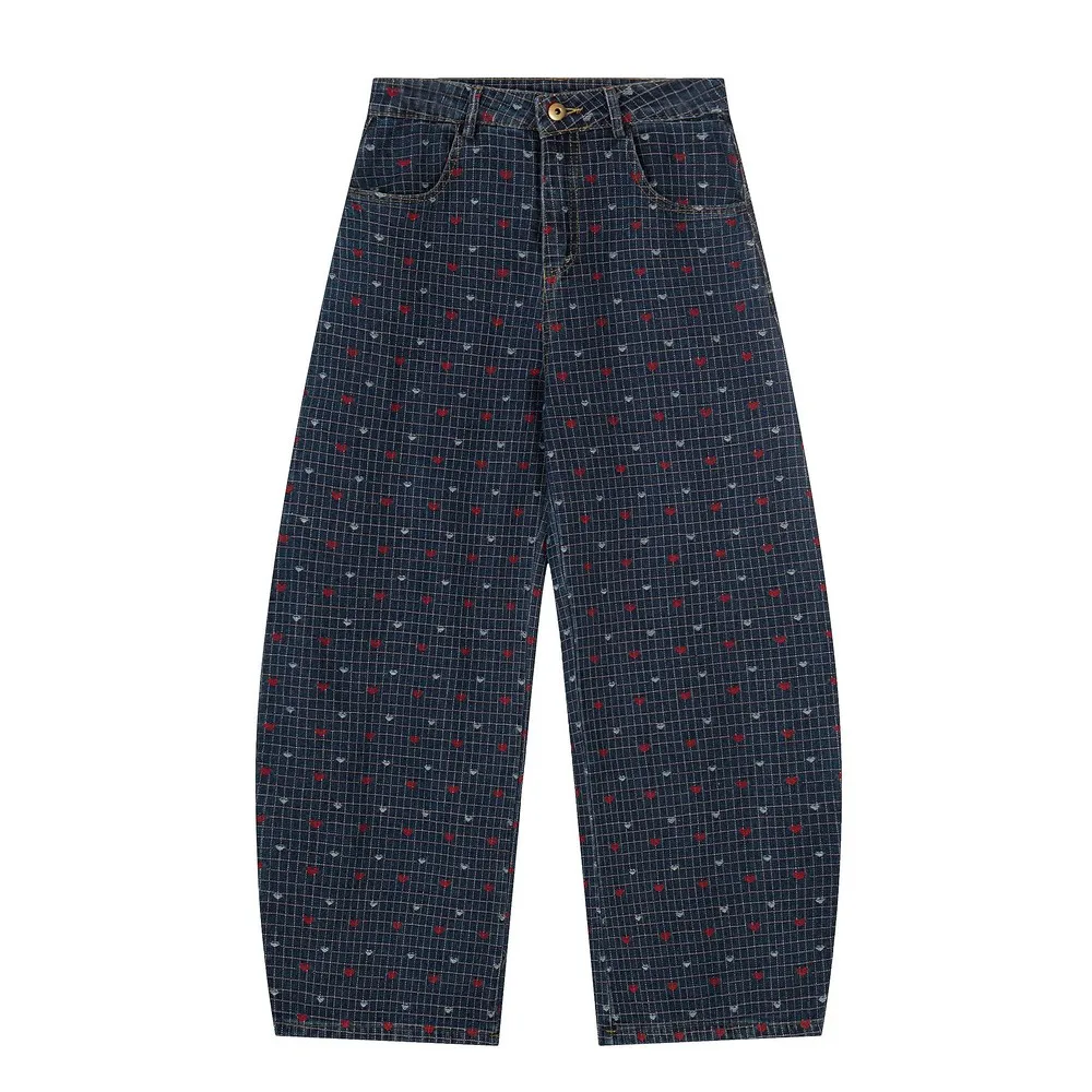 Pantalones vaqueros góticos de gran tamaño con estampado Grunge desgastado y corazones a cuadros para mujer, ropa de calle para invierno y primavera