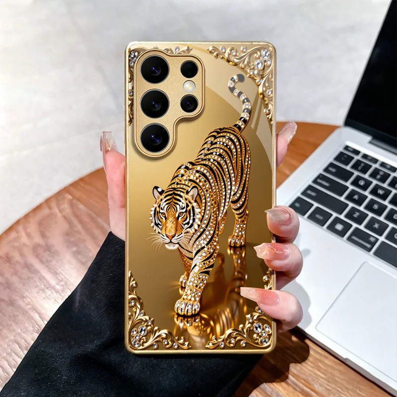 High-end Shiny Golden Tiger Tempered Glass Fashion phone case for Samsung Galaxy S26/S25/S24/S23/S22/S21FE Ultra Plus Shockproof