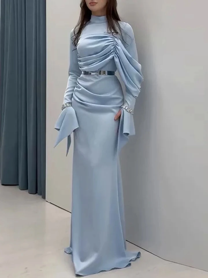 

Fashion Irregular Pleated Slim Evening Dress Sexy Long Sleeve Solid Color Banquet Dress High Waist Lady Simple Party Maxi Dress