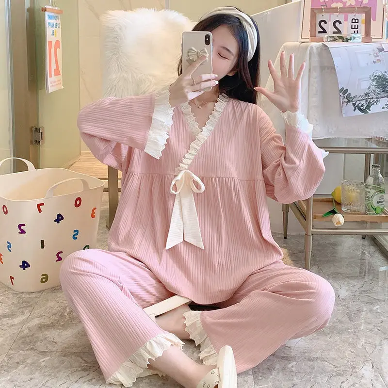 Pajama Sets Women Sweet Girls Long Sleeve Lacework V-neck Pajamas Spring Fall Loose Cozy Kawaii Princess Retro Bowknot Female