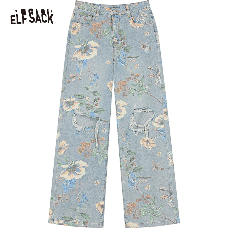 ELFSACK 2024 summer new arrival Holiday style printed ripped high waist slim American style high street jeans for women