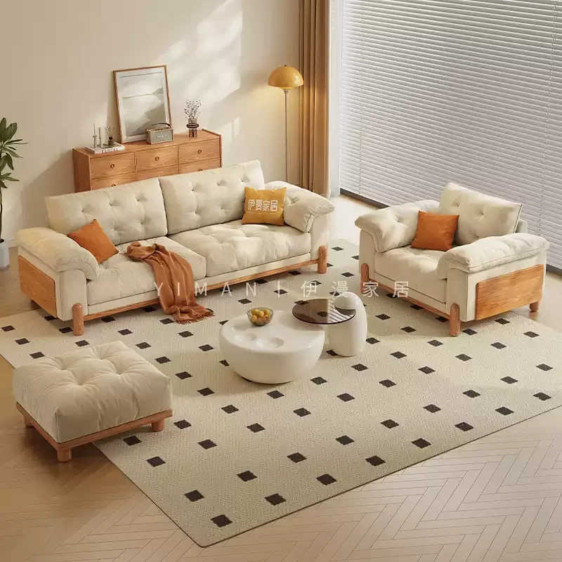 Nordic log wind cloud cat scratching fabric sofa Japanese straight row small apartment living room solid wood sofa 2024 new