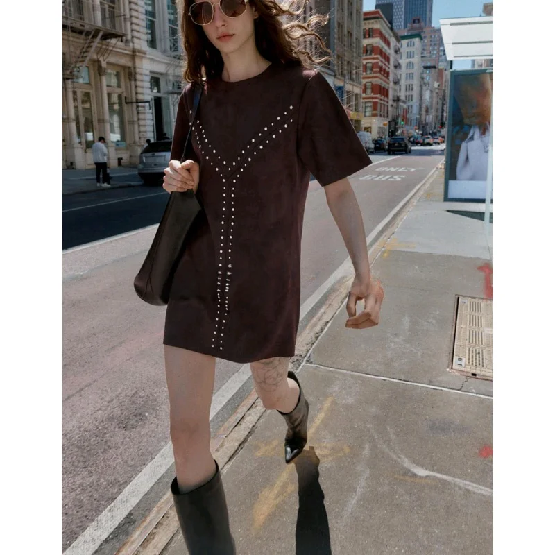 Fall New round Ne ort Sve Straight Cut Hem Faux Leather Effect Rivet Dr Women's Simple Sle A-Line Skirt Casual