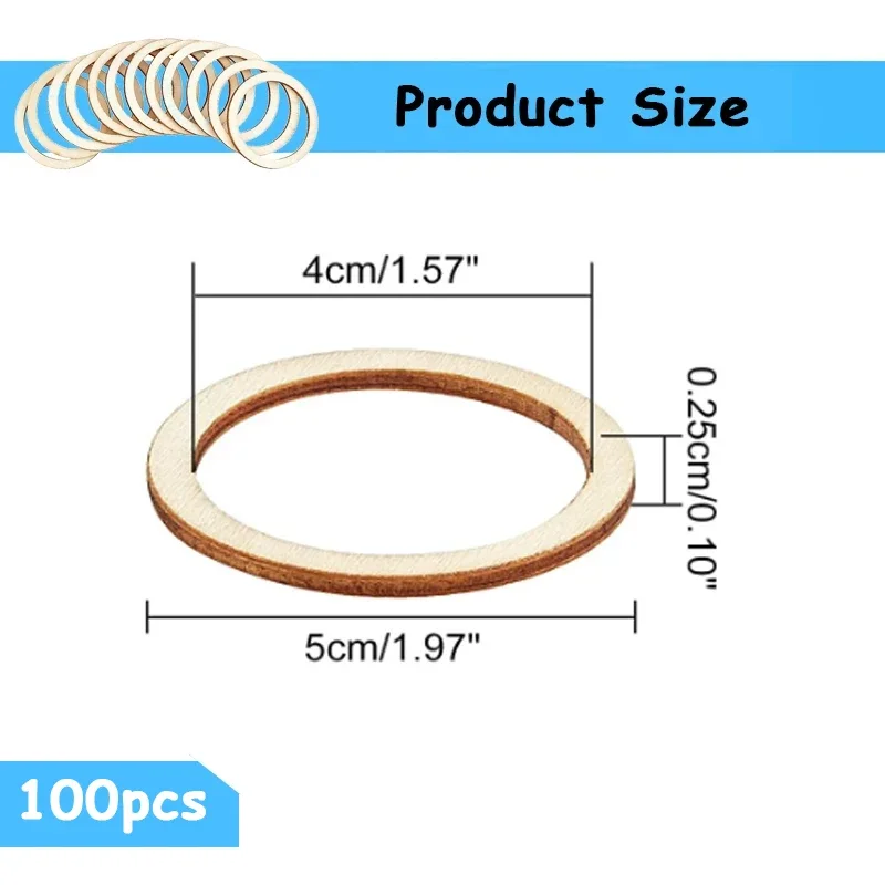 100pcs 5cm Wooden Rings for Crafts, Unfinished Wood Rings Flat Circle for DIY Crafts, Connectors Jewelry Making