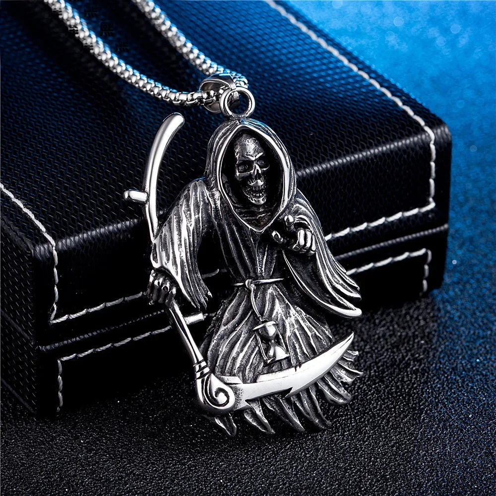 Gothic Stainless Steel Death Scythe Skull Necklace Pendant Punk Biker Men Grim Reaper Pendant Fashionable Men's Chain Jewelry