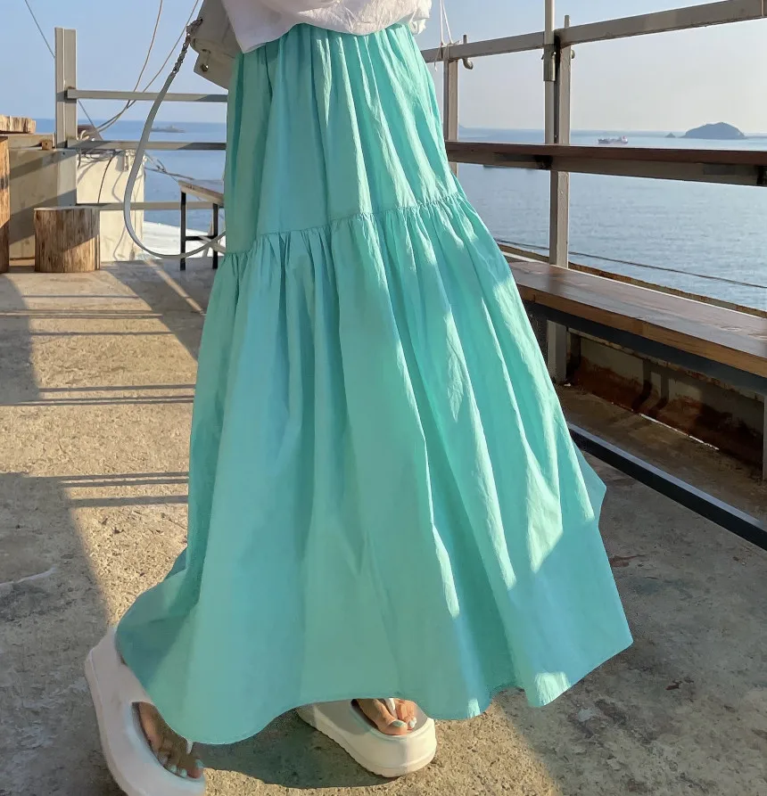 กระโปรงทรงเอพลีทยาวแบบเรโทรสำหรับผู้หญิง ดีไซน์เอวสูง ผ้าโพลีเอสเตอร์ ทรงบานใหญ่ สไตล์เกาหลี