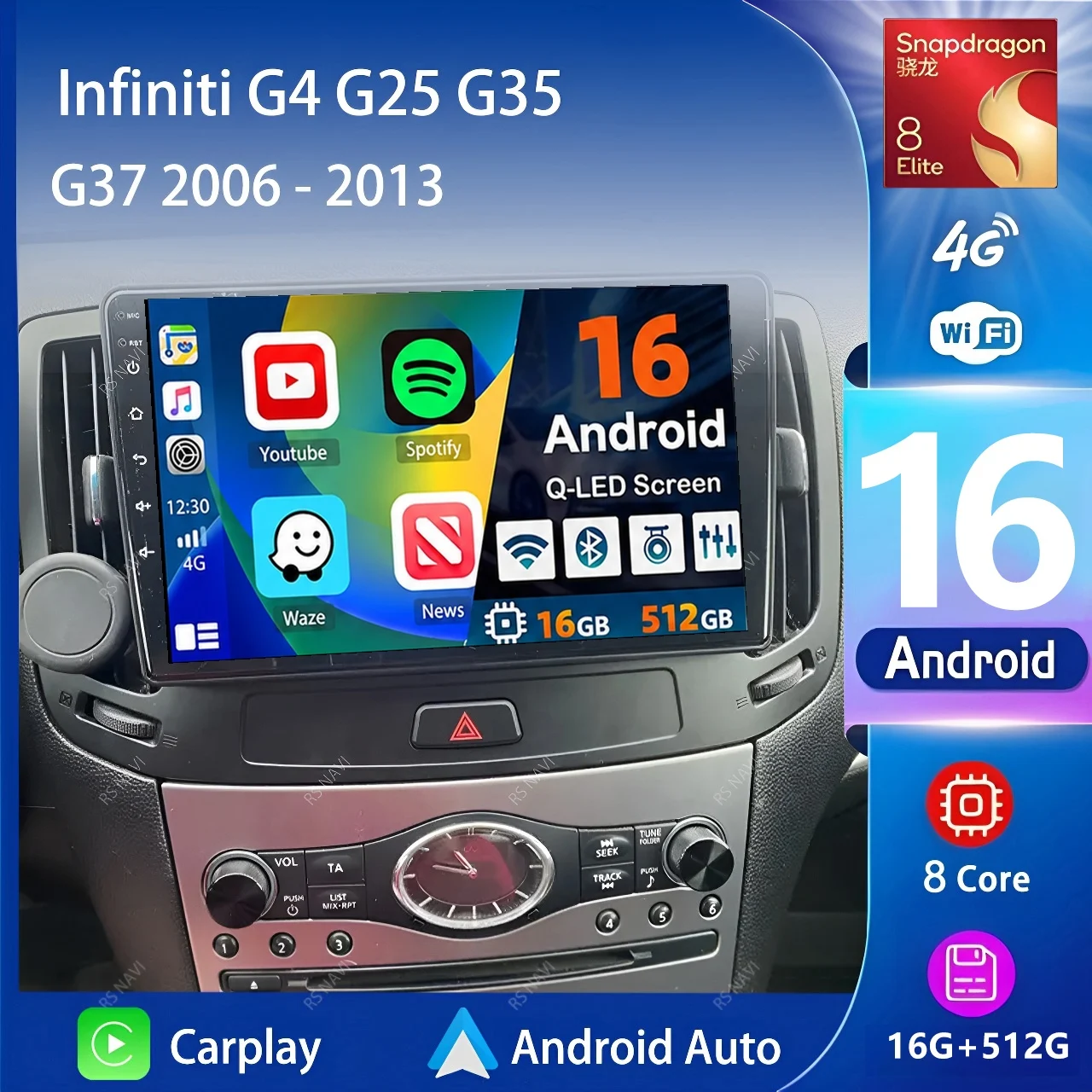 Android 16 For Infiniti G4 G25 G35 G37 2006 - 2013 Carplay Auto 2K Screen Car Radio BT Multimedia Player 2 Din Autoradio Stereo
