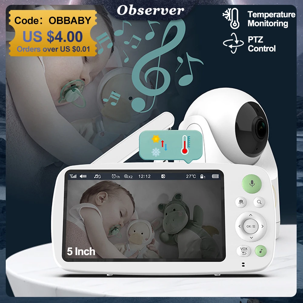 NEW 5.0 Inch Wireless Video Color Baby Monitor High Resolution Baby Nanny Security Camera Night Vision Temperature Monitoring