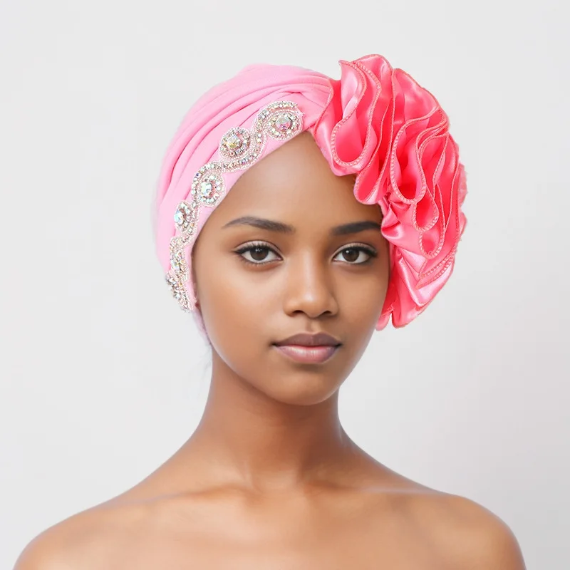 Women's Wrap Head Beanies Muslim Headscarf Bonnet African Headtie Rhinestones Turban Hat with Side Satin Ruffles 2025 New