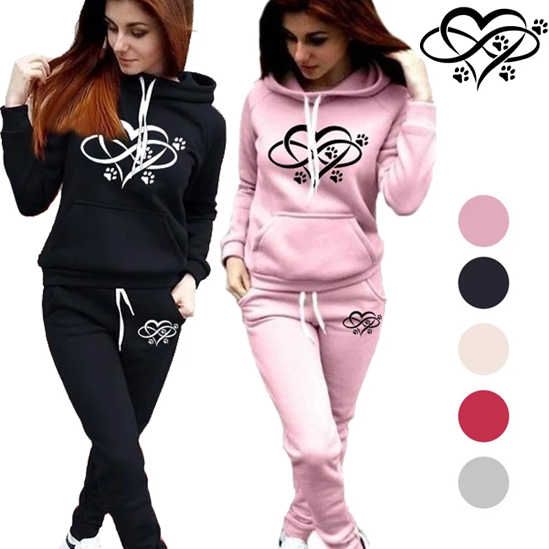 Super Cute Heart Cat Paw Print Tracksuit Women Suit Fleece Hoodies Casual Sports Set Long Sleeved Sweater Trousers Sportswear