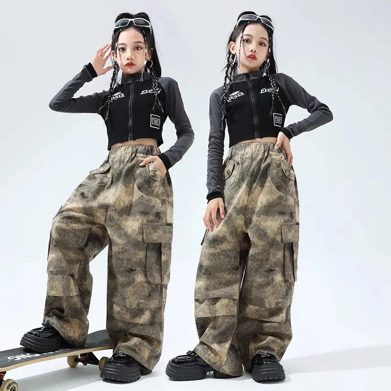 Mädchen Hip Hop Sets Abgeschnitten Jacke Lose Cargo Hosen Kinder Street Dance Kurzen Mantel Kinder Streetwear Jazz Bühne Kostüm