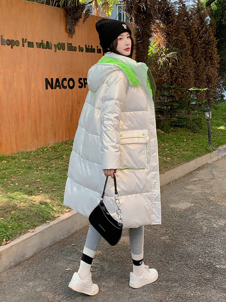 Winter Glossy Waterproof X-long 90% White Duck Down Coat Women Thick  Loose Outerwear Warm Down Jacket Hooded Parka 2023