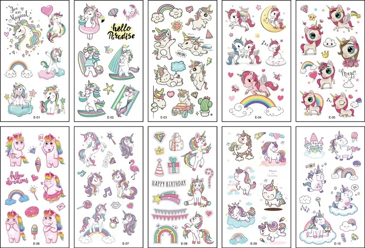 Juego de tatuajes de unicornio de 10 unids/lote colores para niños, pegatina temporal para el cuerpo, tatuajes para niños