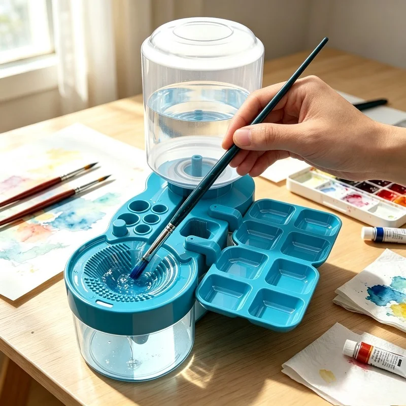 Paint Brush Cleaner with Paint Tray, Upgraded Circulating Water Tool with Drain & Brush Holder for Acrylic & Watercolor Paints