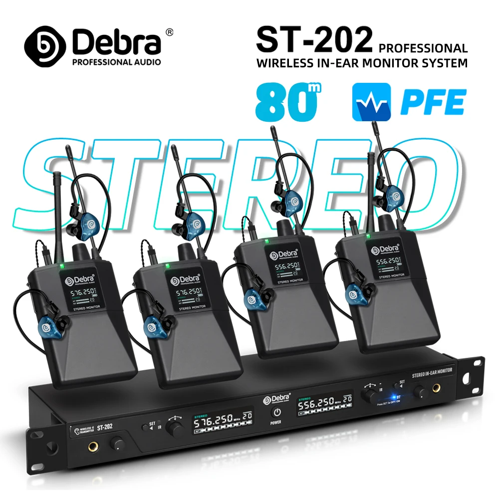 Debra ST-202 Professional Wireless In-Ear Monitor System, UHF Stereo, 560-590MHz Band, for Studio, Stage Performance, Church